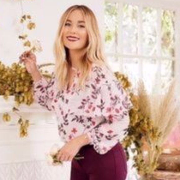 LC LAUREN CONRAD Top Blouse Floral Boho Peasant Long Sleeves Pink - Picture 2 of 7